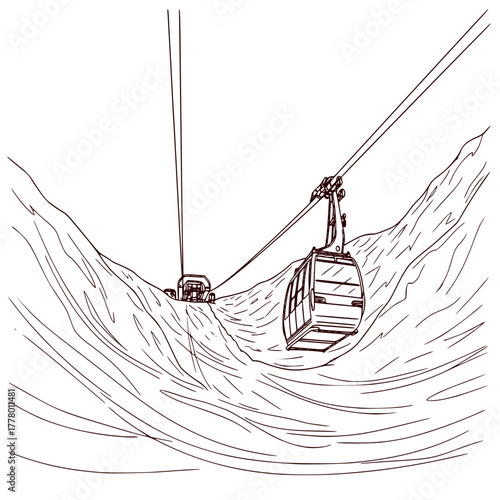 Cable car in blizzard vector: Gondola lift traversing snowy mountain landscape in sketch style  