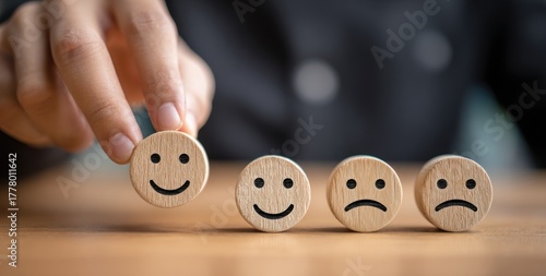 Hand selects happy wooden face from row of emotions.