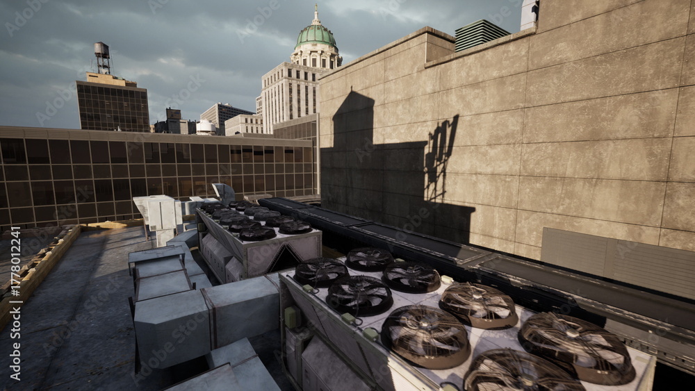 Obraz premium A vibrant urban scene showcases a rooftop filled with air conditioning units, contrasting against a dramatic sky and city buildings. Sunlight casts intriguing shadows.