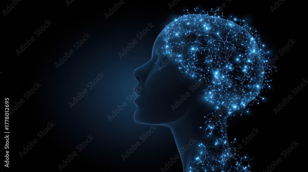 Obraz premium Human Silhouette With a Glowing Neural Network Symbolizing Artificial Intelligence and Connectivity
