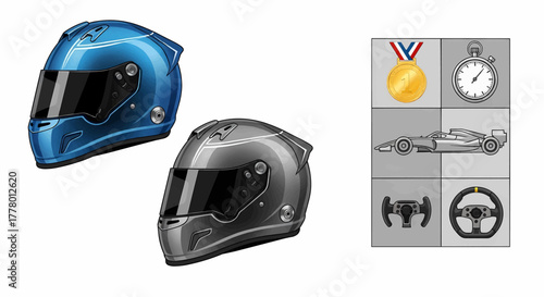 Set of motorsport racing elements including helmets and icons like a medal and car, vector illustration