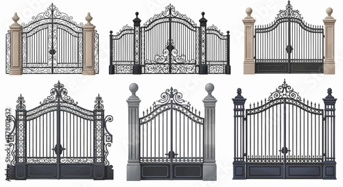 A collection of decorative ornate wrought iron gates with pillars, realistic vector illustration set