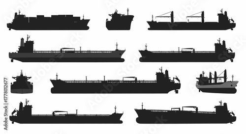 Collection of cargo ship and tanker silhouettes. Vector illustration set for transport and logistics