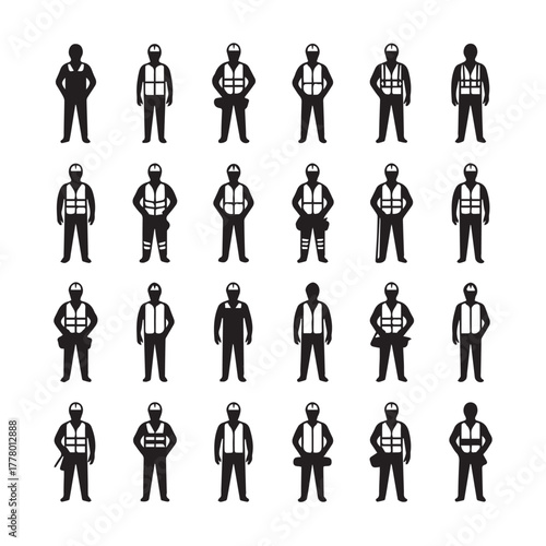 Silhouette of construction workers standing isolated on white background