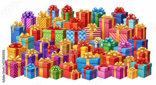 A large pile of colorful wrapped gift boxes with ribbons and bows for holiday celebrations vector illustration