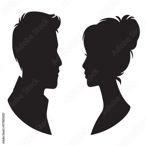 Silhouette of a man and woman facing each other isolated on white background