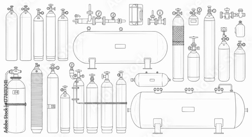A comprehensive collection of industrial gas cylinders and pressure tanks as a detailed vector illustration