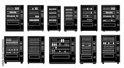 A diverse collection of automated food and drink vending machines. An isolated flat design vector illustration