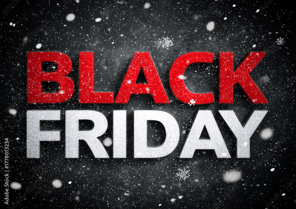 Fototapeta premium Black Friday sale concept with bold typography, on snowy background, red and black colors, energetic digital marketing design, modern and eye-catching.