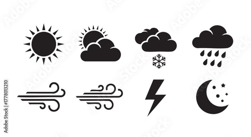 Weather Forecast Icons Representing Sun Cloud and Wind Conditions