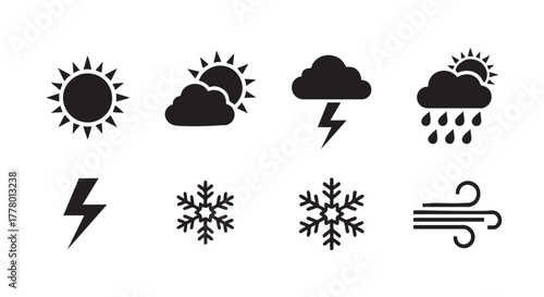 Weather forecast icons set including sun cloud lightning and snowflake