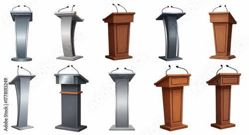 Collection of wooden and metal podiums, lecterns for conference speeches, a realistic vector illustration