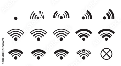Wifi signal strength indicator icons depicting varying network connectivity levels