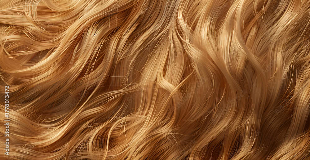 Obraz premium Naturalne falowane blond włosy w zbliżeniu – tekstura zdrowych, lśniących loków w odcieniu miodowym