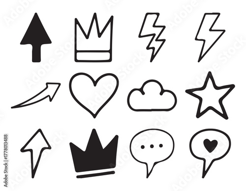 Hand Drawn Doodle Icon Set Including Arrow Crown Lightning Bolt Heart