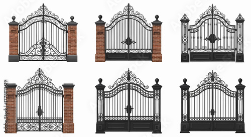 Set of classic black forged metal gates with brick pillars, isolated on white background, vector illustration
