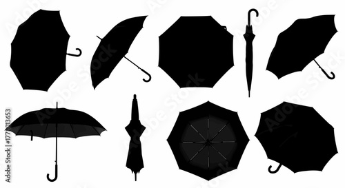 A comprehensive set of black umbrella silhouettes shown from various angles, a versatile vector illustration