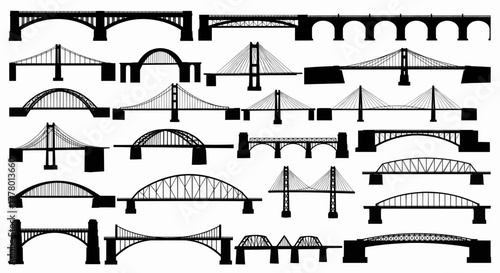Set of black isolated bridge silhouettes on a white background, a diverse architecture vector illustration