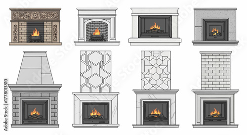 Set of various interior fireplace designs from classic ornate to modern geometric styles, vector illustration