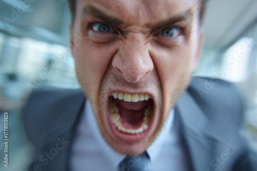 Angry man in suit shouting with open mouth in office environment