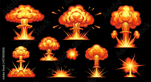 A vibrant set of nuclear bomb explosion mushroom clouds and fiery bursts, a vector illustration