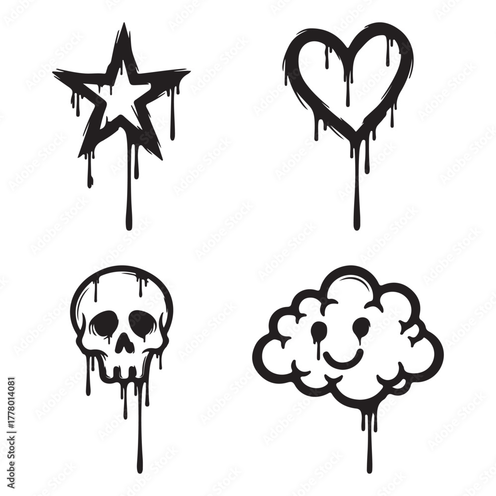 Fototapeta premium Set of dripping graffiti icons star heart skull and cloud art