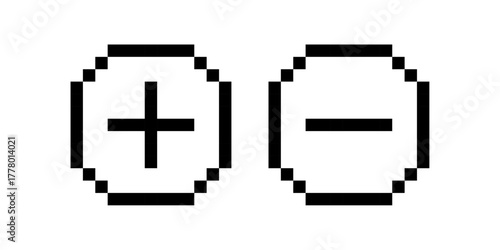 Pixel plus and minus icons, pixel art symbols, add and remove buttons, vector illustration