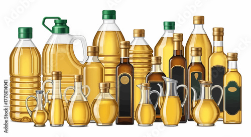 A diverse collection of cooking oils in various bottles and jars, a realistic vector illustration