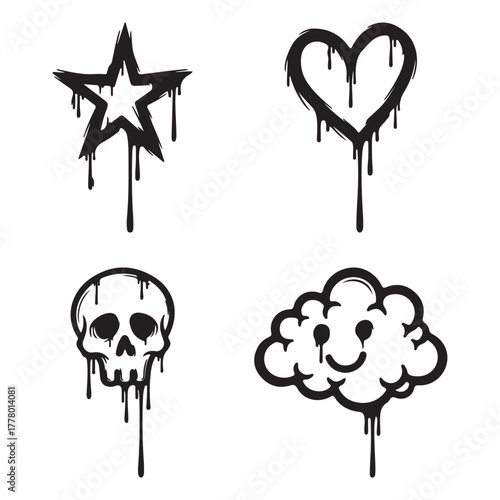 Set of dripping graffiti icons star heart skull and cloud art