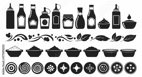 Set of monochrome icons with sauce bottles, condiment jars, spice bowls and abstract symbols vector illustration