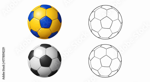 A set of four classic soccer balls shown in different styles including colored and outline line art vector illustration