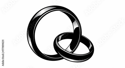 Two black shiny interlocked wedding rings symbolizing marriage and union, a timeless love vector illustration