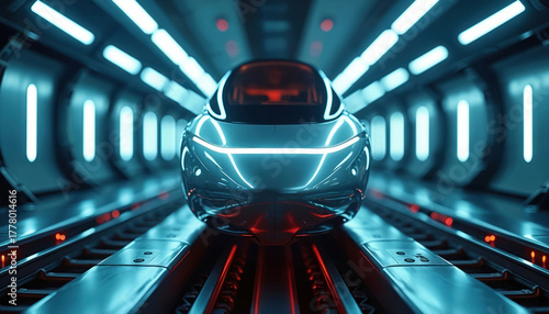 Futuristic maglev train floats on magnetic levitation tracks in neon lit tunnel. This high speed rapid transit vehicle travels through subway. Advanced transport represents future innovation and tech.