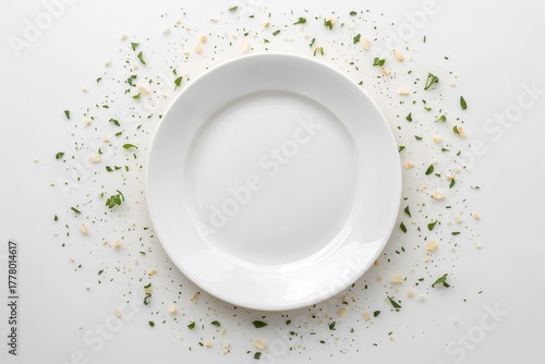 Minimalist presentation of an empty white plate on a white surface, sprinkled with herbs.