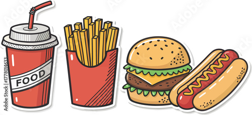 Fast Food Vector Sticker Icons Collection: Fun, Modern Set of Burger, Fries, Donut, Hot Dog, and Soda for Restaurant Menu, Mobile App, or Social Media.