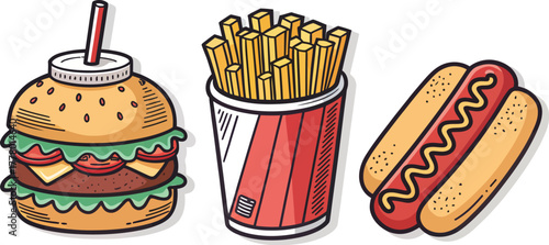 Fast Food Vector Sticker Icons Collection: Fun, Modern Set of Burger, Fries, Donut, Hot Dog, and Soda for Restaurant Menu, Mobile App, or Social Media.