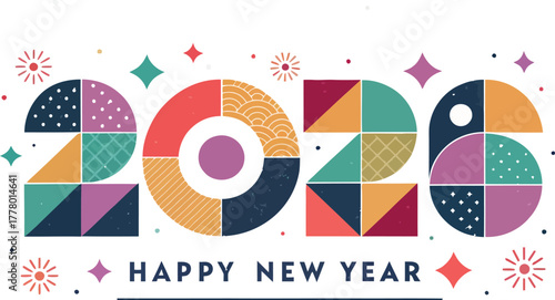 Happy New Year 2026 Typographic Poster Vector: Geometric, Modern, and Colorful Art for Greeting Cards, Event Banners, Calendars, and Celebration Designs.