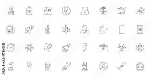Nuclear icon set. Minimal vector symbols for radiatin, atomic energy, danger, nd science. Includes atom,rocket, biohazard, explosin, laboratory, and more.