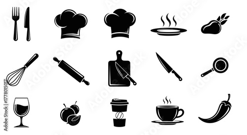 Culinary icons set for restaurant menus, recipe books, and foodie designs, originally vector