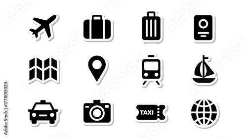 Travel icons for adventure planning, vacation booking, journey, tourism and transportation
