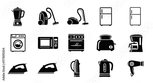Essential home appliances icon set offers modern convenience for every household need
