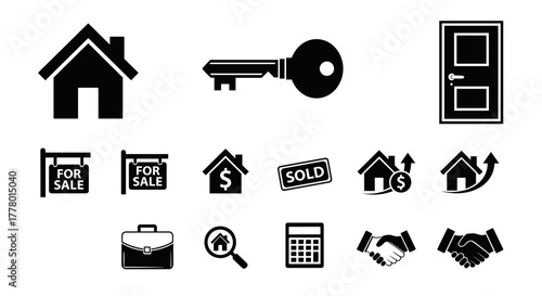 Real estate market icons symbolizing buying, selling, and homeownership opportunities