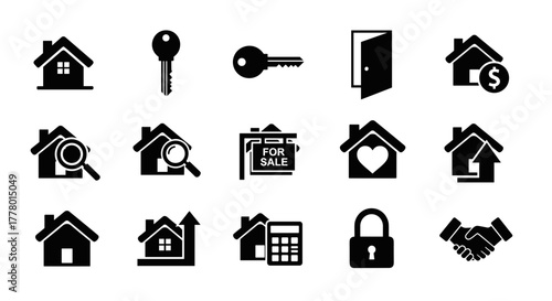 Real estate icons set, property market concept, home buying, mortgage, investment plan