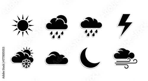 Weather forecast icons set, sun, rain, clouds, snow, moon, storm, scalable vector graphic