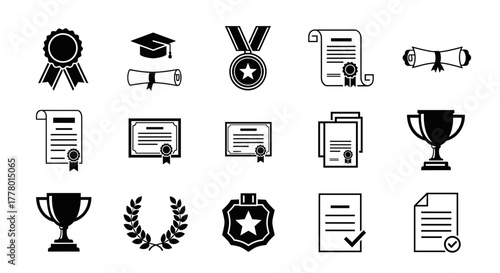Academic achievements and graduation icons celebrate success, education, awards and recognition
