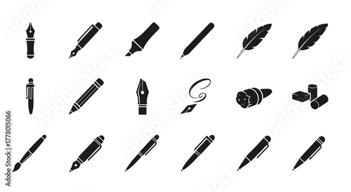 Writing instrument collection icons for education, journaling, and artistic expression