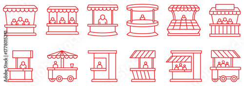 Editable vector icons of exhibition stalls, trade show kiosks, event tents, and advertising signs