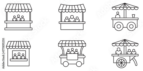 Editable vector icons of exhibition stalls, trade show kiosks, event tents, and advertising signs