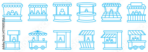 Editable vector icons of exhibition stalls, trade show kiosks, event tents, and advertising signs
