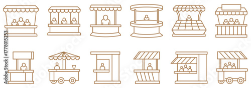 Editable vector icons of exhibition stalls, trade show kiosks, event tents, and advertising signs